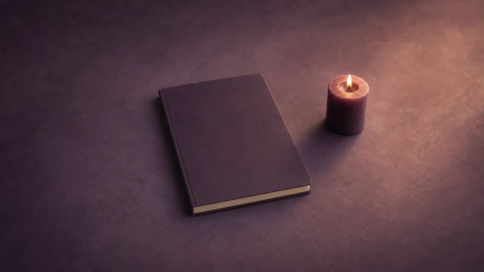 Ruhiger violetter Lichtschein auf einem geschlossenen Notizbuch neben einer schlichten Kerze – eine zurückhaltende Bildstimmung für Gewissenserforschung und Beichtvorbereitung.