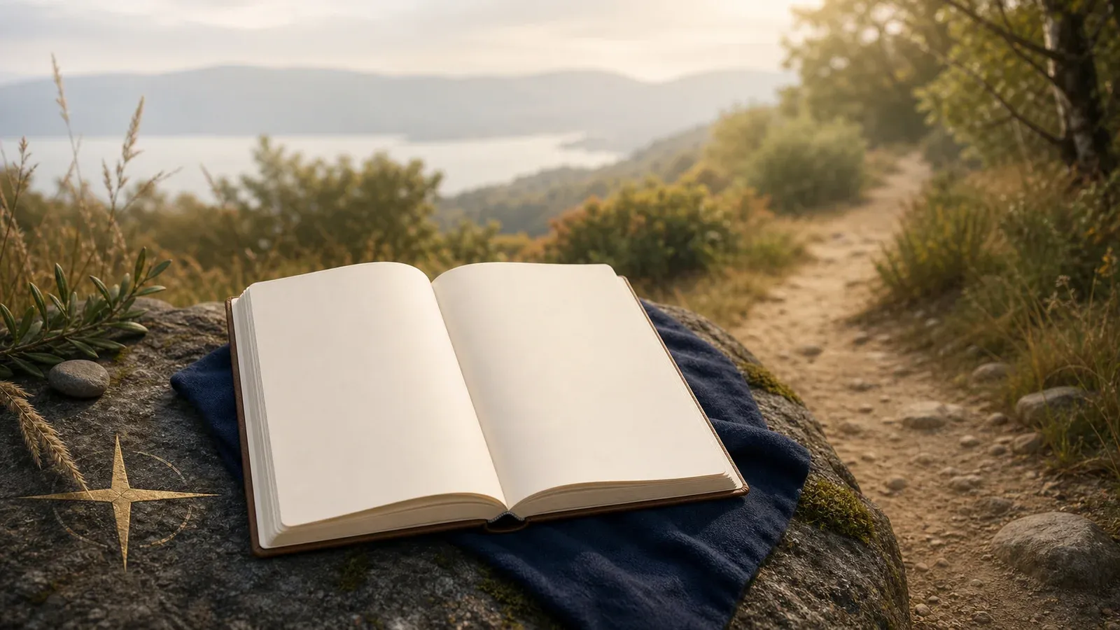Unbeschriebenes offenes Buch mit schlichtem Weg und zurückhaltender Richtungsform im warmen Licht – ohne Bibeltext, Kartenansicht oder App-Bildschirm.