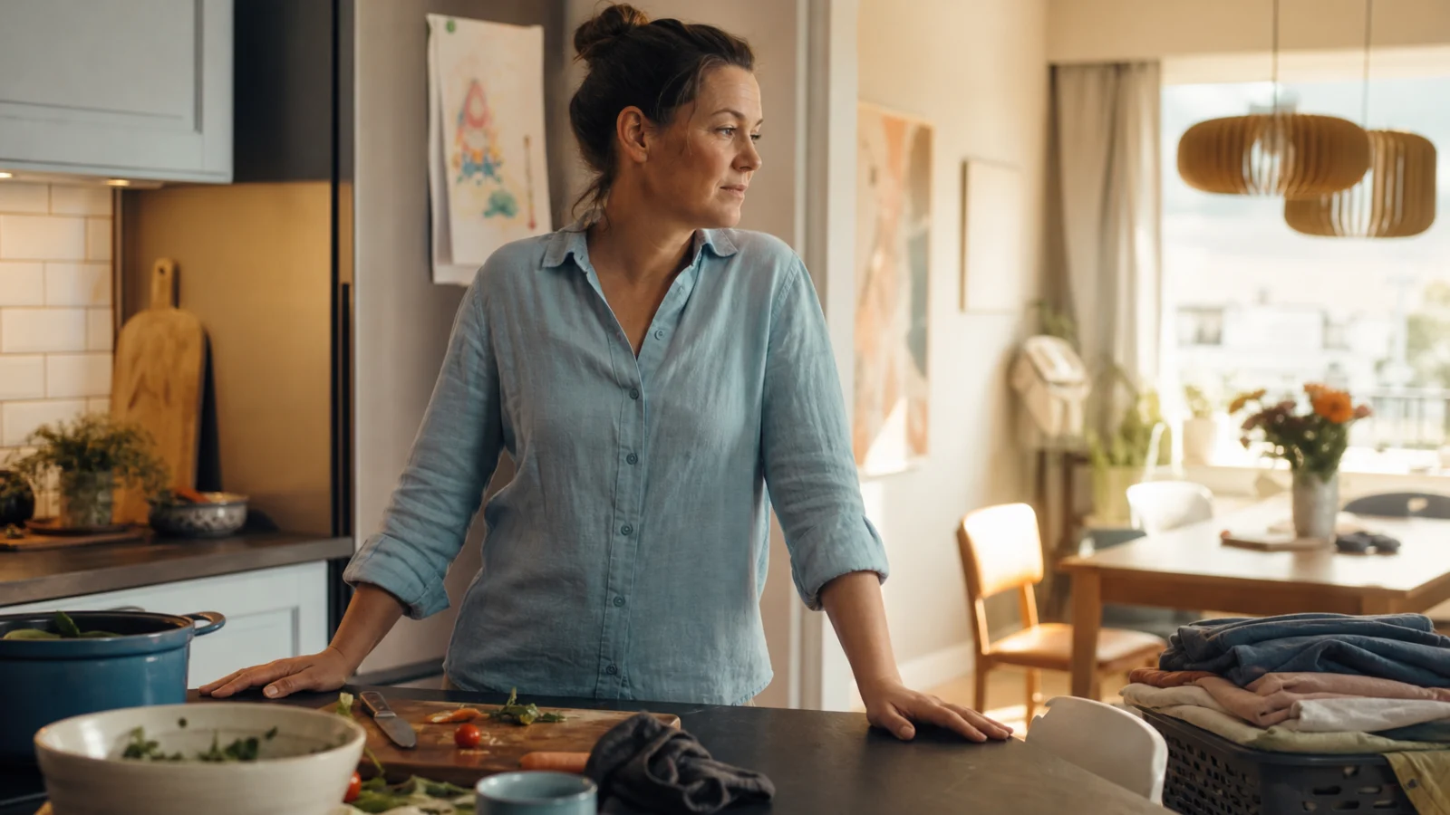 Eine erschöpfte Frau hält mitten zwischen Essensvorbereitung und Wäsche inne und blickt nachdenklich zum Esstisch.