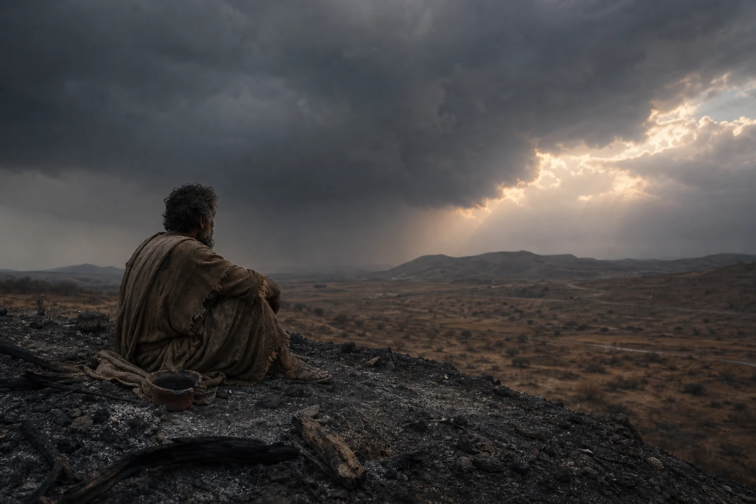 Ijob sitzt in der Asche und blickt unter dunklen Wolken über eine weite Landschaft
