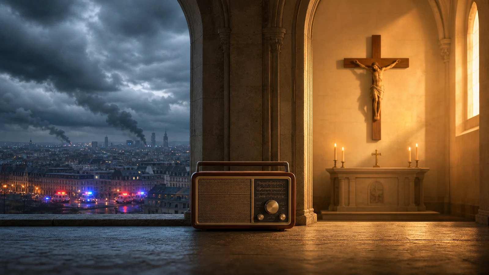 Ein unbeschriftetes Radio verbindet eine rauchende Stadt mit einer warm beleuchteten Kirche und einem Kreuz.