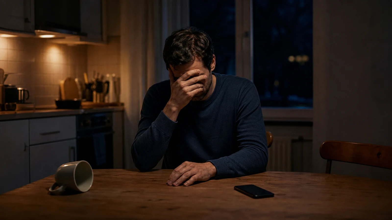 Ein Mann sitzt nachts nach einem Streit allein am Küchentisch und hält sich die Hand vors Gesicht