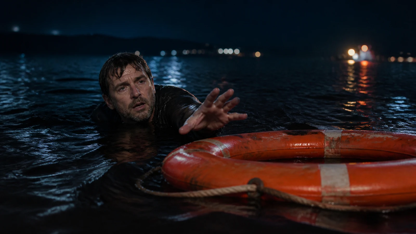 Ein Mann im dunklen Wasser greift nach einem orangefarbenen Rettungsring