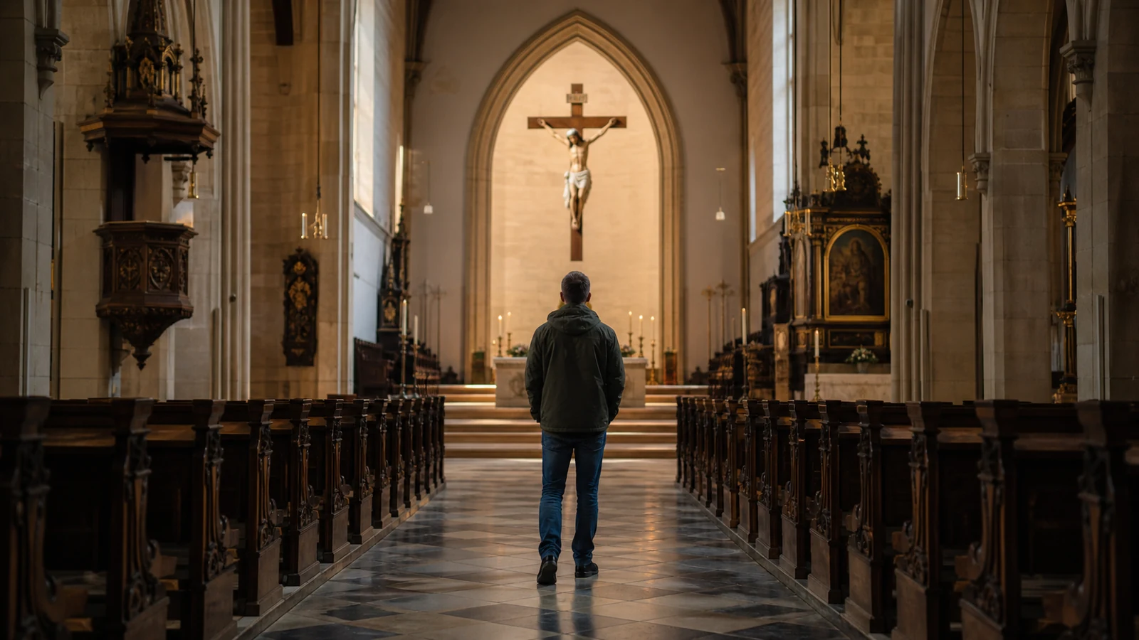 Ein Mann steht im Mittelgang einer Kirche und blickt zum Kreuz über dem Altar