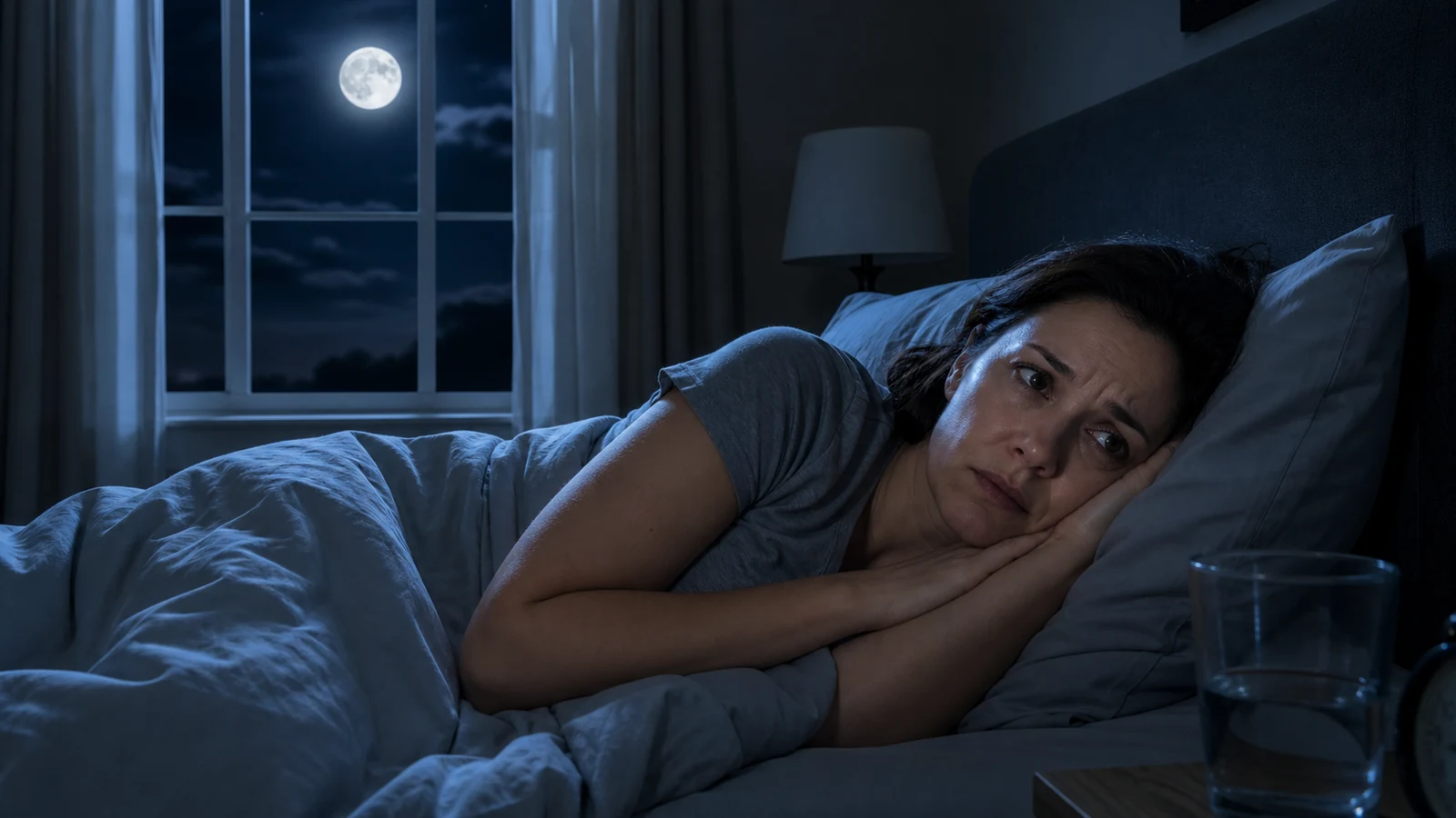 Eine Frau liegt nachts wach im Bett und blickt besorgt ins Leere; durch das Fenster scheint der Vollmond.