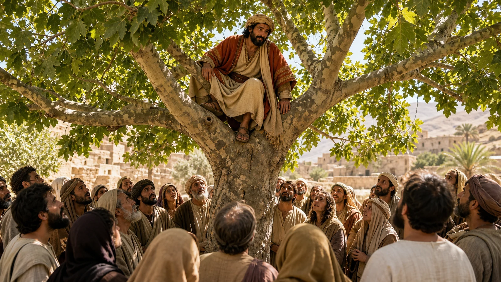 Ein wohlhabend gekleideter Mann sitzt in einem Maulbeerfeigenbaum über einer neugierigen Menge.
