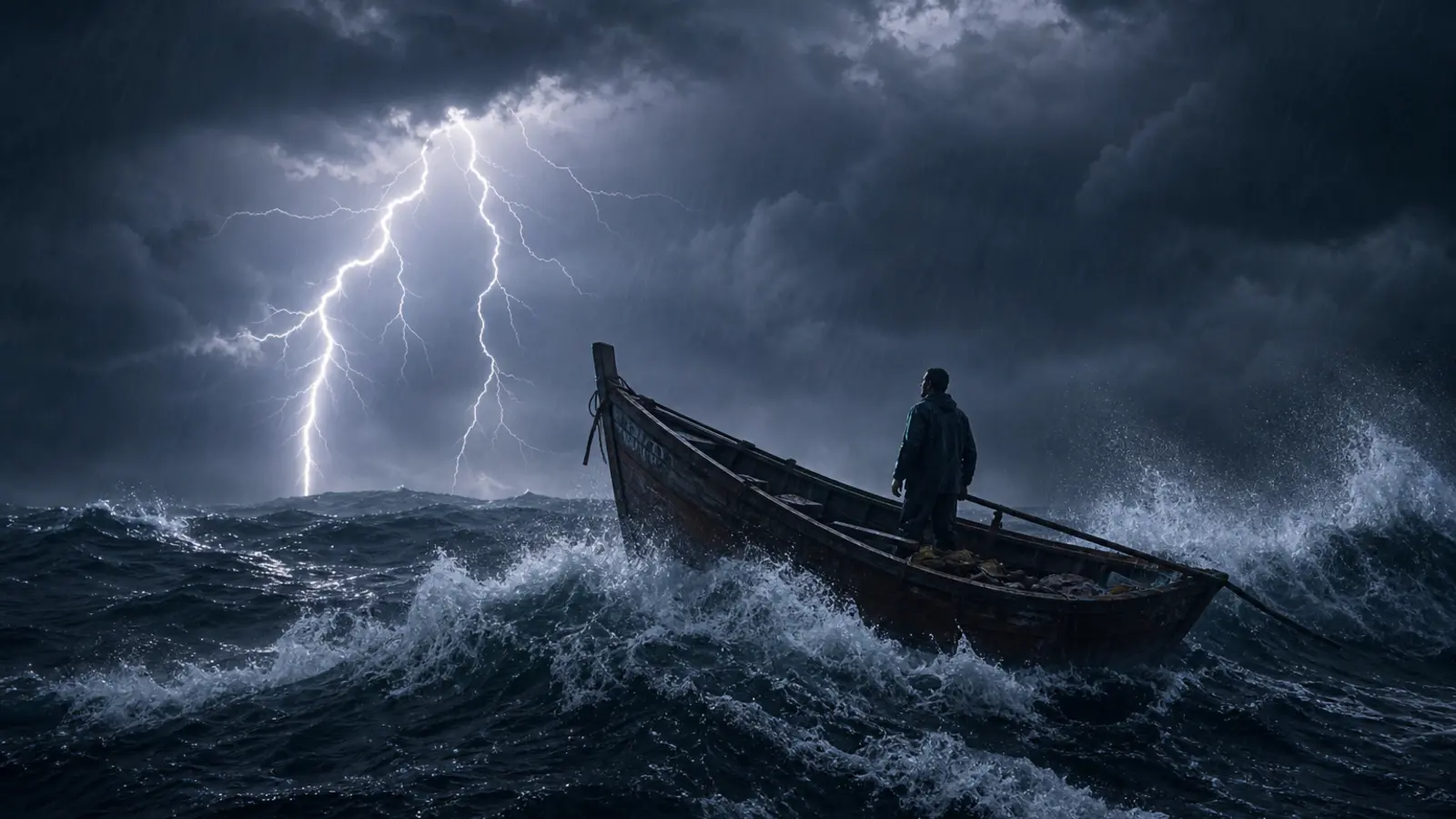 Ein einzelner Mann steht in einem kleinen Holzboot auf hoher See, während Wellen und Blitze das Boot umgeben.