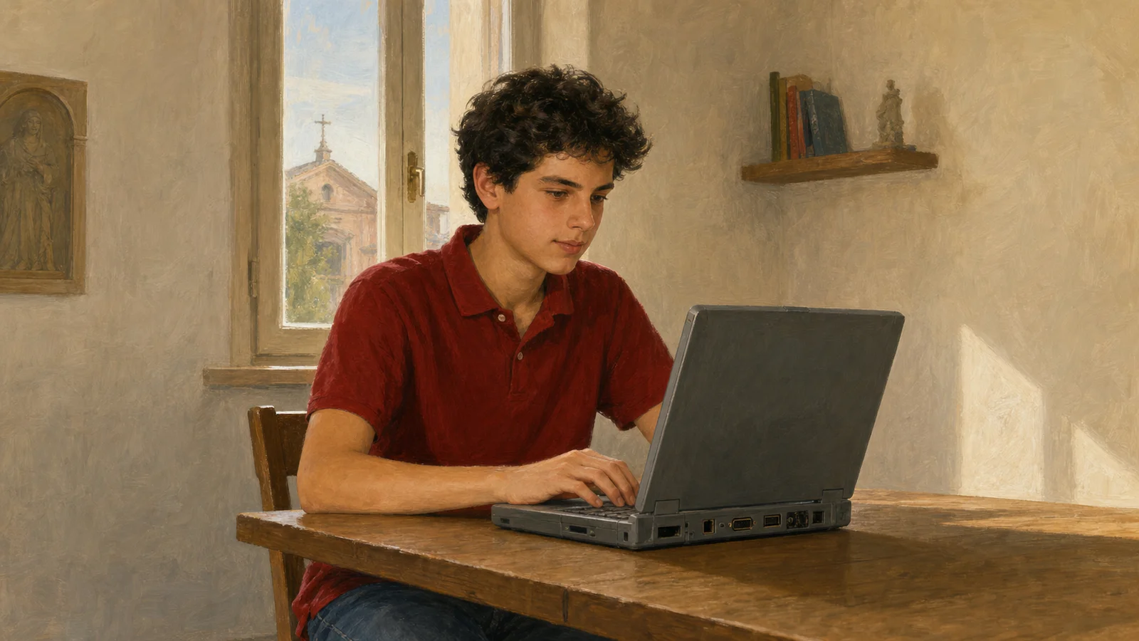 Malerische redaktionelle Szene: Ein Teenager in rotem Polo sitzt Anfang der 2000er bei natürlichem Licht an einem Tisch mit einem älteren Laptop. Die ruhige, gewöhnliche Umgebung lenkt den Blick auf konzentrierte Aufmerksamkeit statt auf Technik oder spektakuläre religiöse Effekte.