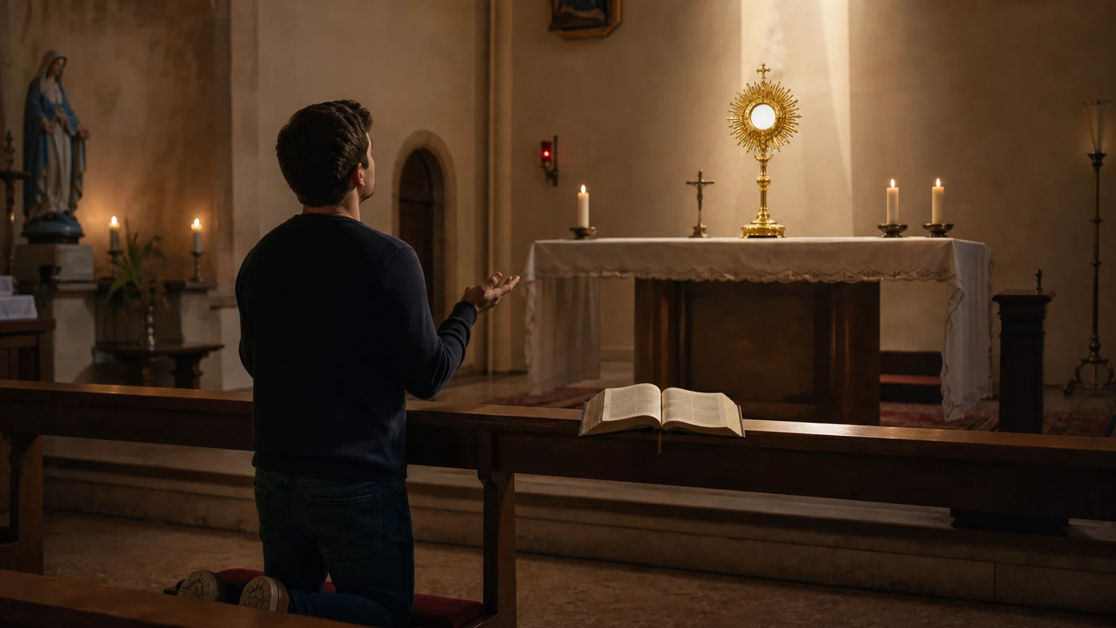 Ein Mann sitzt morgens am Küchentisch vor einer geöffneten Bibel; neben ihm stehen eine Tasse und ein umgedrehtes Smartphone.
